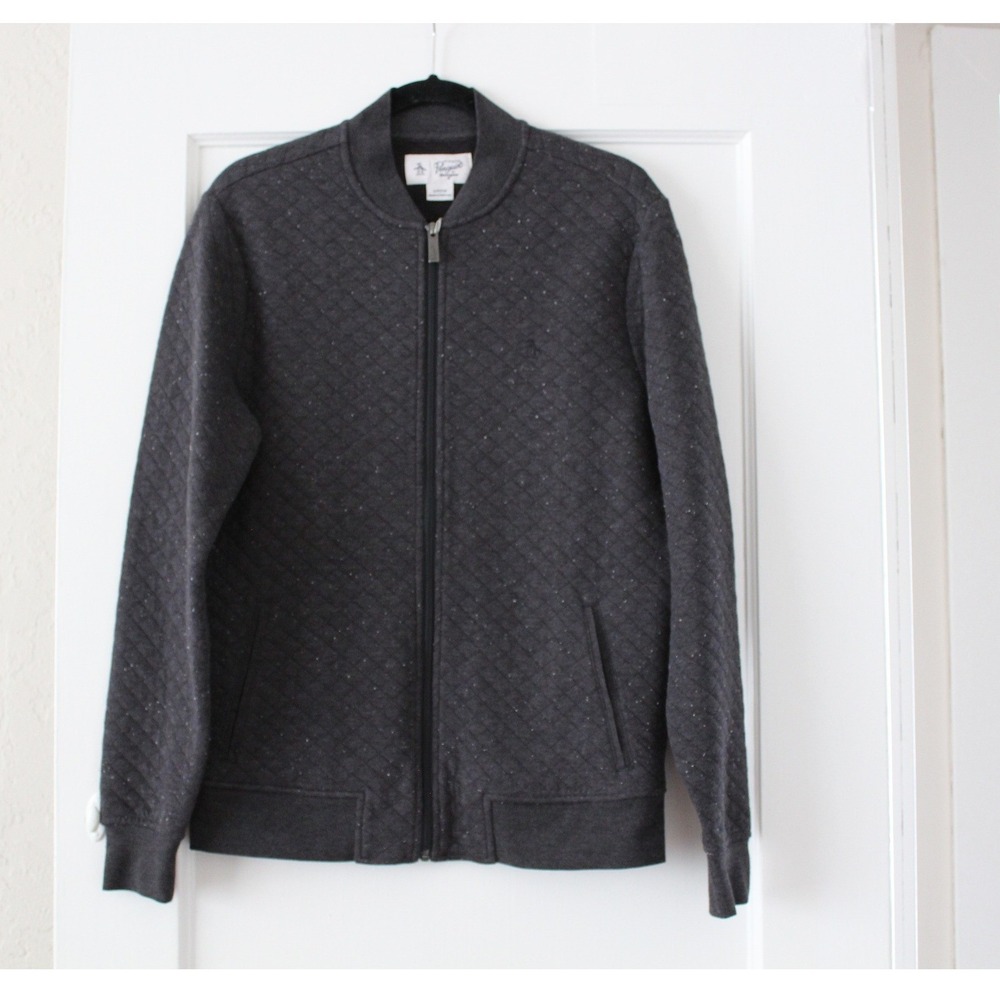 Original Penguin Mens Quilted Bomber Jacket Gray Full Zip Speckled Small NWT
